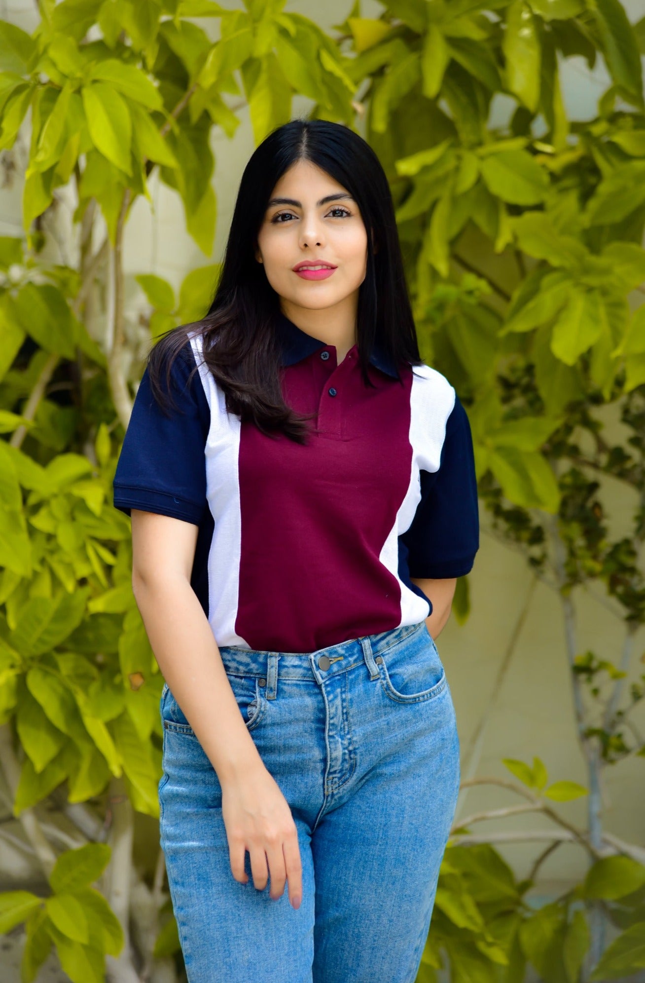 Women Maroon Stripe Polo