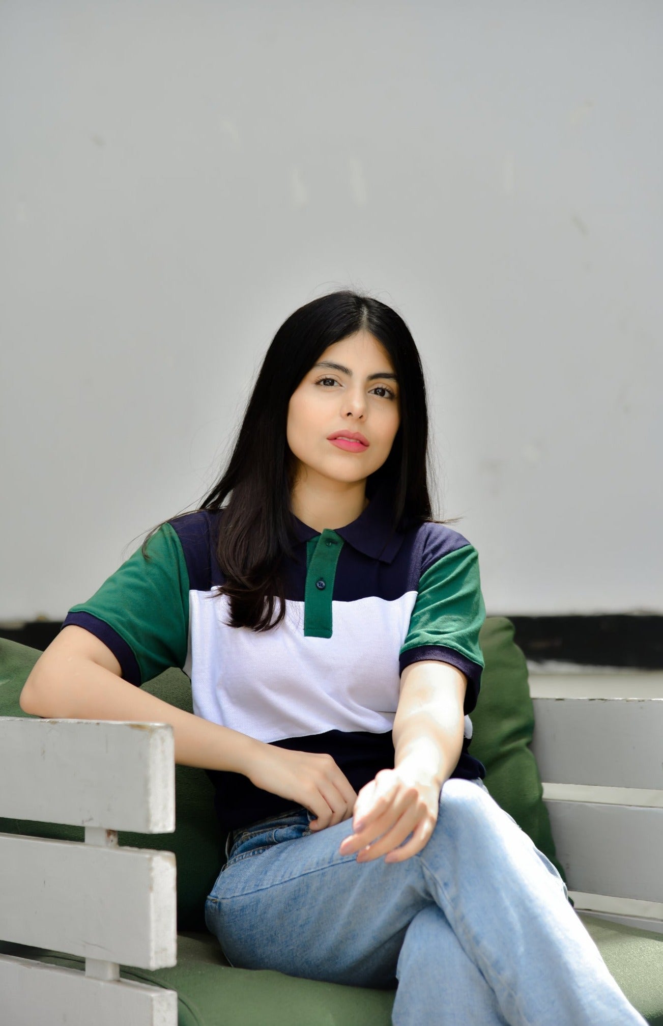 Women Green Stripe Polo