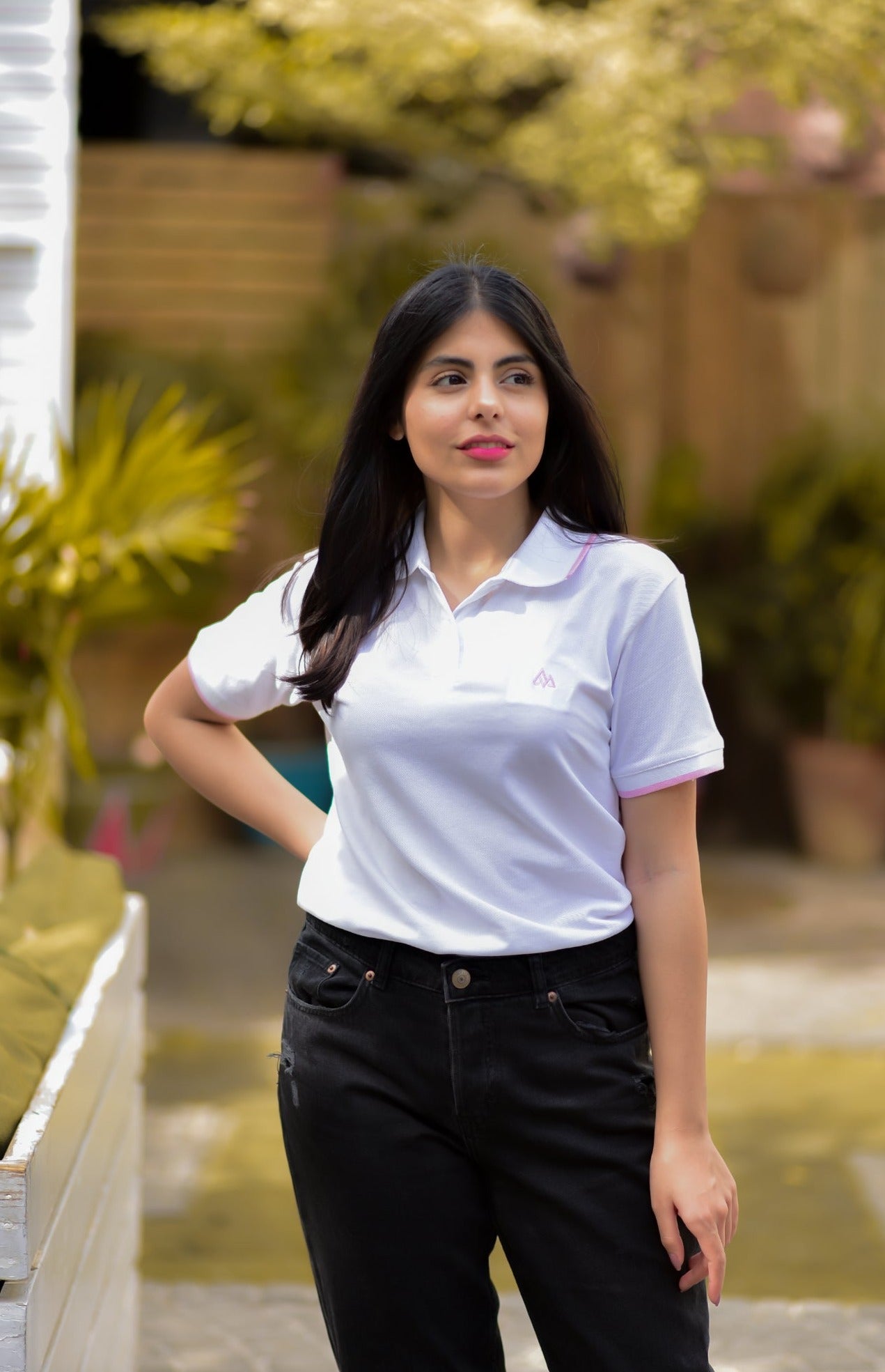 Women Pink & White Polo