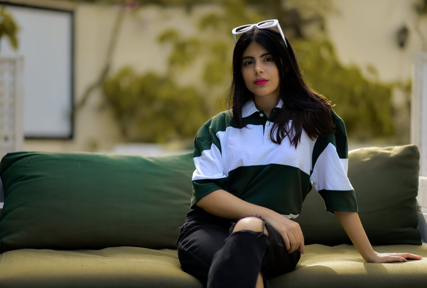 Oversized Green Striped Rugby Shirt-Women