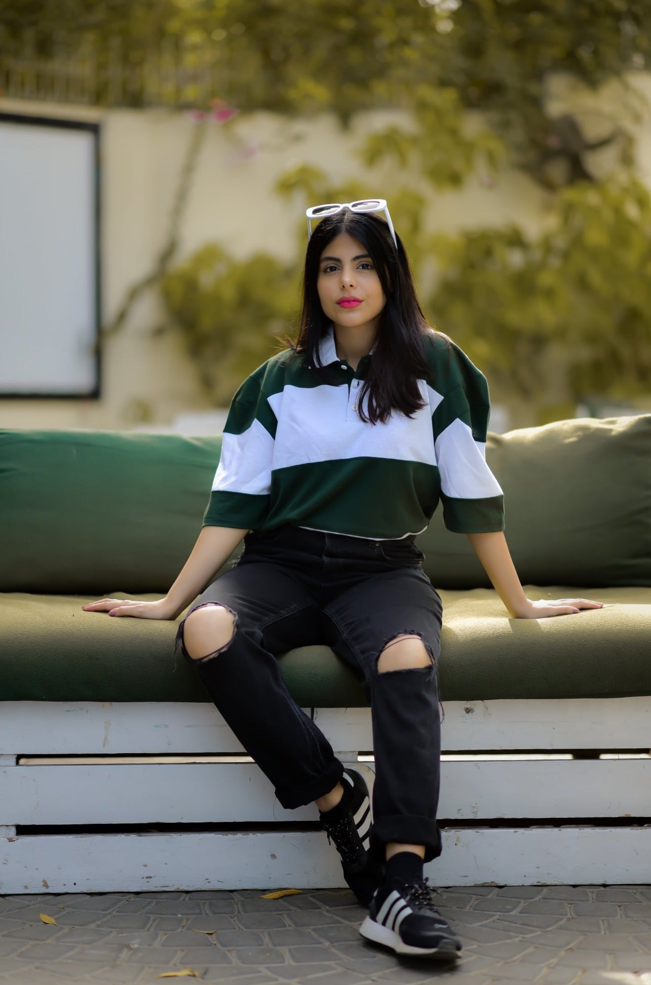 Oversized Green Striped Rugby Shirt-Women