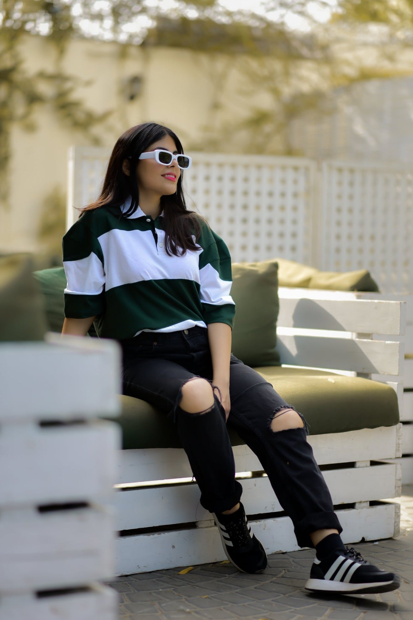 Oversized Green Striped Rugby Shirt Women Haramoshh